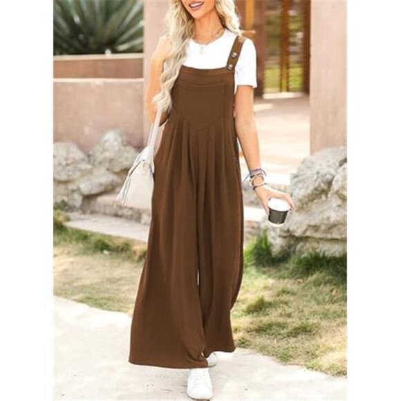 Women's Casual Loose Overalls Jumpsuits One Piece Sleeveless Wide Leg - Picture 3 of 5